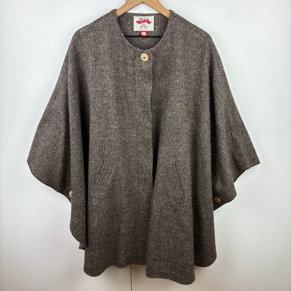 Avoca 100% Irish Wool Herringbone Cape Poncho Jacket Coat Tan Brown